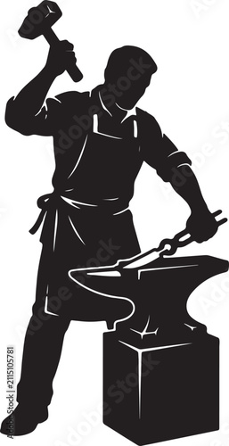 Professional blacksmith striking iron on anvil vector silhouette showing traditional craftsmanship art.