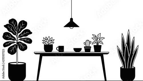 Foto Modern indoor home decor featuring potted houseplants on a table under a hanging