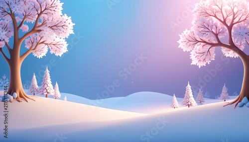 Minimal winter landscape framed by pink trees