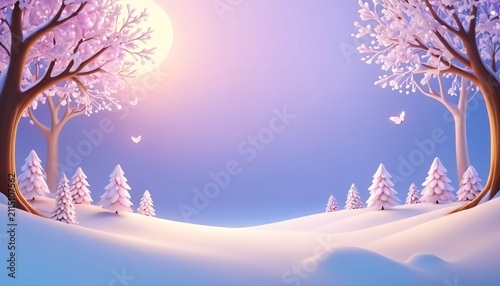 Minimal snowy valley beneath pink winter trees