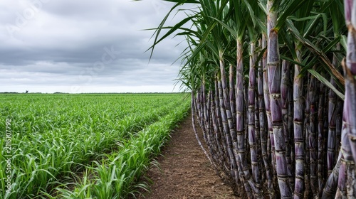 Rows of tall, purple sugarcane stalks border a lush, green field under a cloudy sky