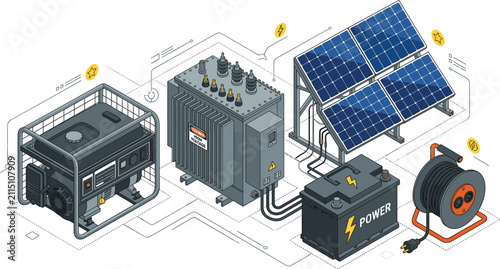 Isometric Hybrid Microgrid Power System Diagram Vector Illustration Featuring Photovoltaic Solar Panels Backup Diesel Generator Industrial Transformer Storage Battery and Extension Cable Reel