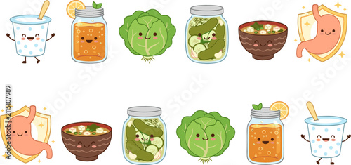 Cute Kawaii Probiotics and Gut Health Vector Icon Set with Happy Stomach Shield Yogurt Kombucha Kimchi Miso Soup and Fermented Vegetable Characters