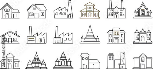 Bild auf Leinwand Set of sixteen building silhouettes in grid showing houses factories temples pag