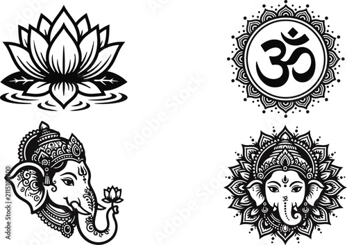Bild auf Leinwand Set of detailed indian spiritual symbols and ganesha icons in black and white si