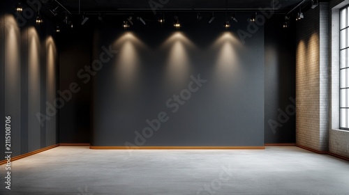 An empty modern interview studio features charcoal black walls with geometric acoustic panels, a polished concrete floor, and a clean professional setting for filmed conversations.