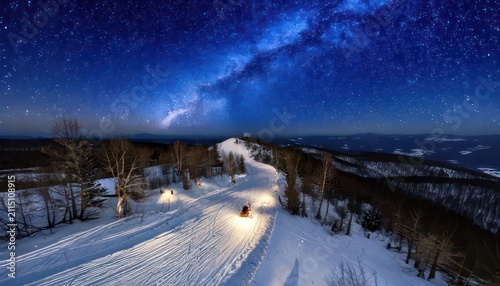 Snowy Mountain Road Under a Starry Night Sky - A Winter Wonderland.