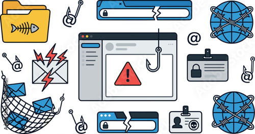 Bild auf Leinwand Cyber security and phishing icon vector set featuring email fraud scam hooks, broken browser lock window, data theft, and network alert warning elements