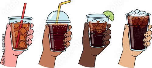 Cuadro en lienzo Diverse multiethnic hands holding cold cola soda drinks with ice cubes and straws vector illustration set isolated