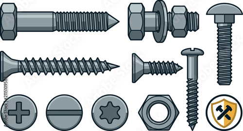 Canvastavla Vector illustration set of metallic screws, bolts, nuts, washers, and fastener heads with different drive types isolated on white background