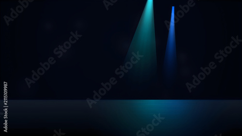 Bright blue and teal spotlights shining on a dark empty stage floor