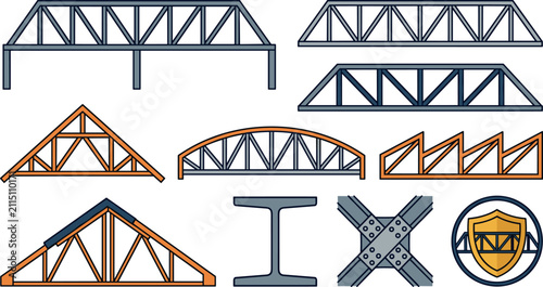 Photos Vector illustration set of structural engineering trusses and bridge architectures including steel girders, roof frames, metal beams, cross joints, and industrial construction icons