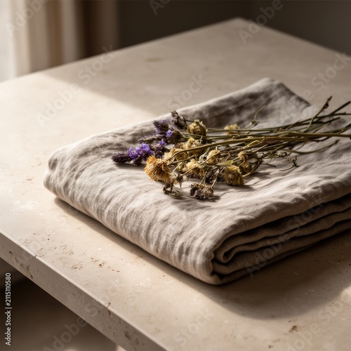 Folded linen with dried flowers on a tabletop