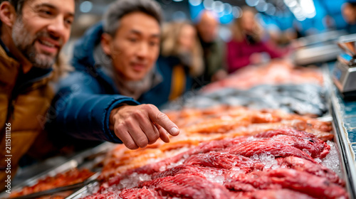 Customers choosing fresh fish and seafood displayed on ice at busy indoor market, pointing at products while shopping