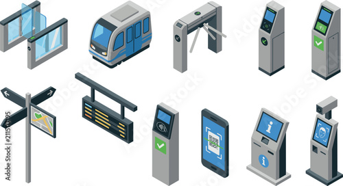 Fotografie Isometric Smart Subway Transit Element Set with Train Security Turnstiles QR Cod