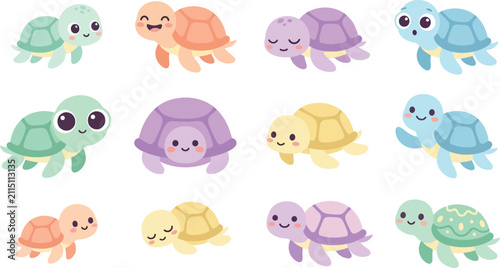 Cute cartoon turtle collection, set of adorable little sea turtles with various expressions in flat vector style