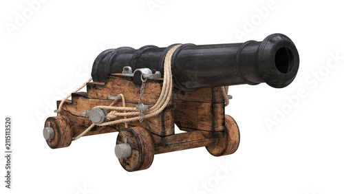 Obraz na płótnie Old naval cannon on wooden carriage isolated on transparent background