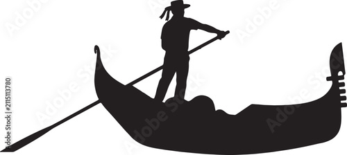 Canvastavla Black silhouette of a gondolier man rowing a traditional venetian boat isolated on transparent layer
