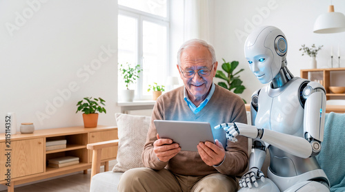 Elderly man in glasses holding modern tablet, humanoid robot sitting beside him helping master technology, AI making tech accessible, friendly interaction.