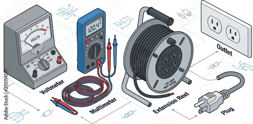 Foto Isometric Electrical Diagnostic Testing Equipment and Power Supplies Set with An