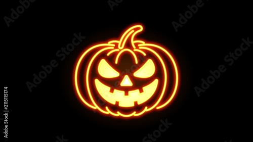 Glowing neon jack-o-lantern pumpkin flickering on black background halloween seamless loop