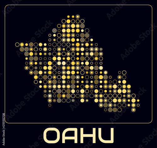 Oahu digital style map. Large circle dots on dark background. Dotted shape of the island. Oahu map and title. Elegant vector illustration.