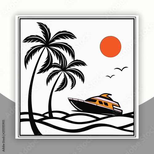 Tropical Escape A Sleek Motor Yacht Sails on a Sunny Day Under Palm Trees