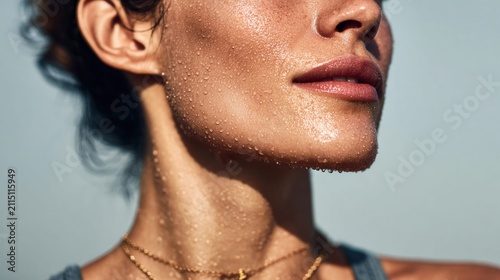 Close-up of a woman's face covered in sweat droplets after intense physical activity