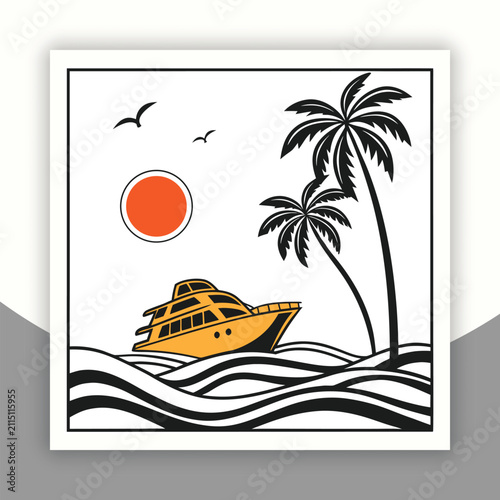Vector illustration of a tropical seascape with a luxury yacht sailing on wavy waters under a bright sun
