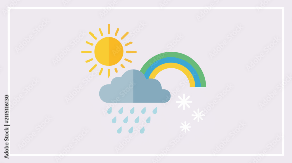 Obraz premium Flat design weather icons with sun, rain, rainbow, and snowflakes