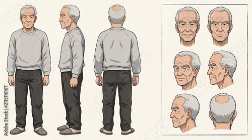 Elderly Male Character Design: Multi-View Portrait and Pose Reference