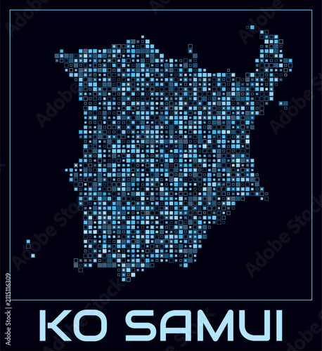 Ko Samui digital style map. Small square dots on dark background. Dotted shape of the island. Ko Samui map and title. Classy vector illustration.