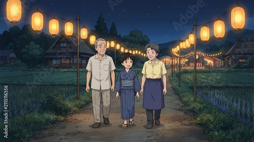 Starlit Village Festival: Grandparents and Child Walking Under Glowing Lanterns