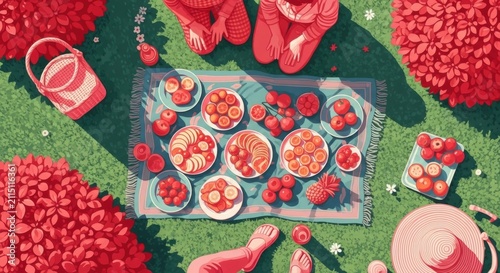 Vibrant Picnic Scene With Friends Enjoying Fresh Fruits Outdoors Under Summer Sunlight