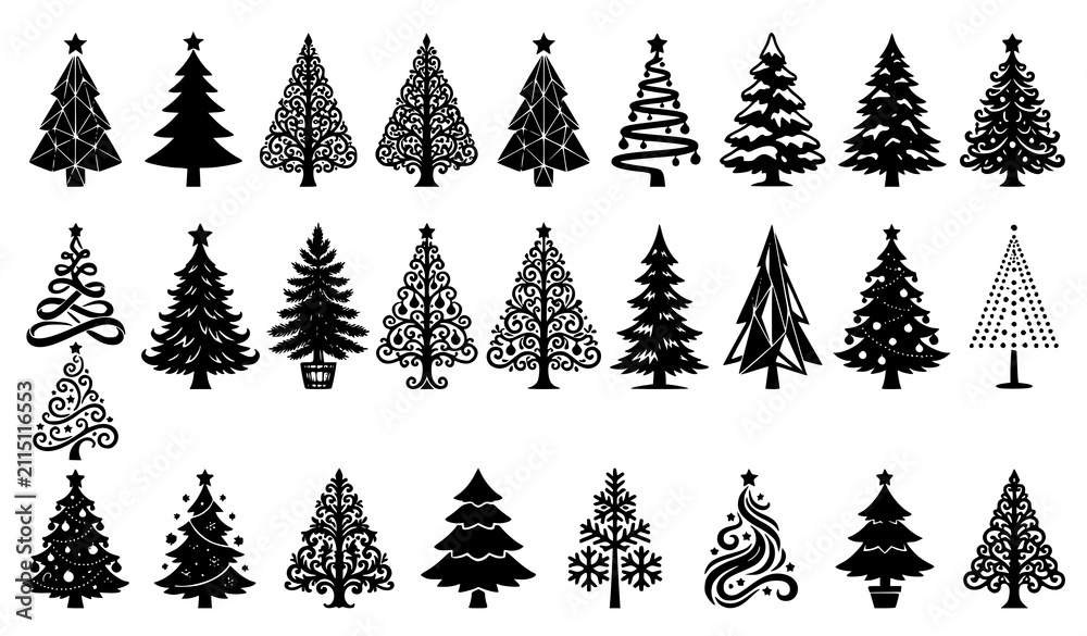 Obraz premium Christmas Tree Silhouette Vector Icon Set Featuring Decorative Ornate Holiday Pines Firs and Abstract Winter Evergreens for Festive Celebration Graphic Designs