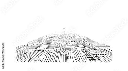 Monochrome Electronic Circuit Board Design Receding into Distance