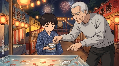 Grandfather and Grandson Enjoying Traditional Goldfish Scooping at Night Festival