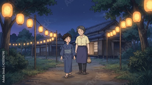 Lantern-Lit Evening: Grandmother and Child in Traditional Japanese Village