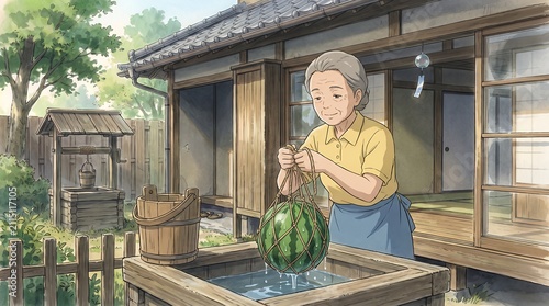 Elderly Woman Cooling Watermelon in Traditional Japanese Courtyard