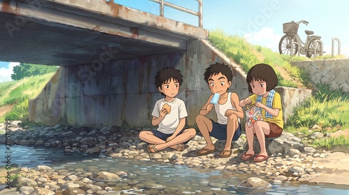Summer Afternoon by the Stream: Children Sharing Snacks Under a Rustic Bridge