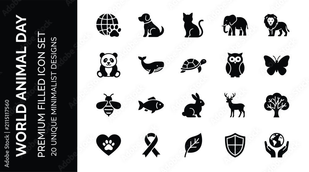 Fototapeta premium World Animal Day Line Icon Set — Pet and Wildlife Filled Icons for Conservation and Adoption