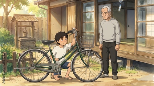 Grandfather and Grandson: Fixing a Bicycle in Rural Japanese Home