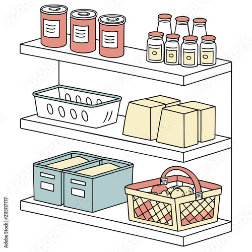 Organized pantry shelves with food supplies containers jars and baskets in a kitchen