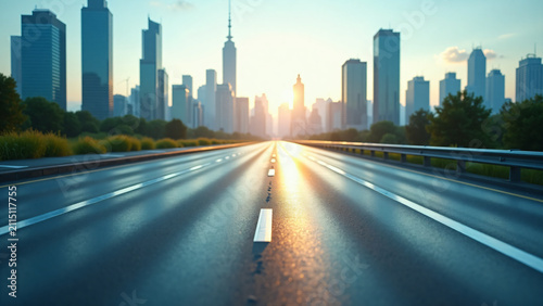 Urban Skyline from Expressway Bright Daylight Modern Road Leading to Futuristic City