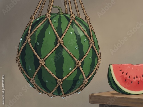 Juicy Summer Watermelon: Fresh Sliced Fruit in Rope Net Art
