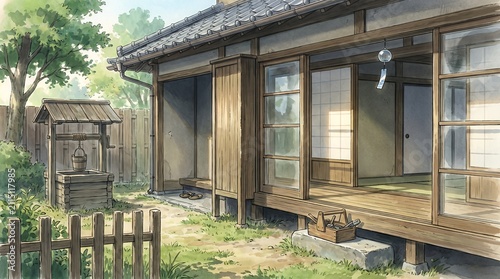 Serene Japanese Cottage: Traditional Wooden Architecture with Garden Well