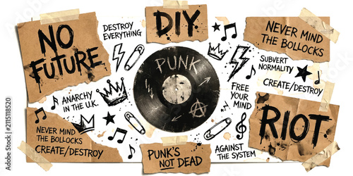 Foto Punk music vinyl record with collage of diy protest signs and rebel slogans