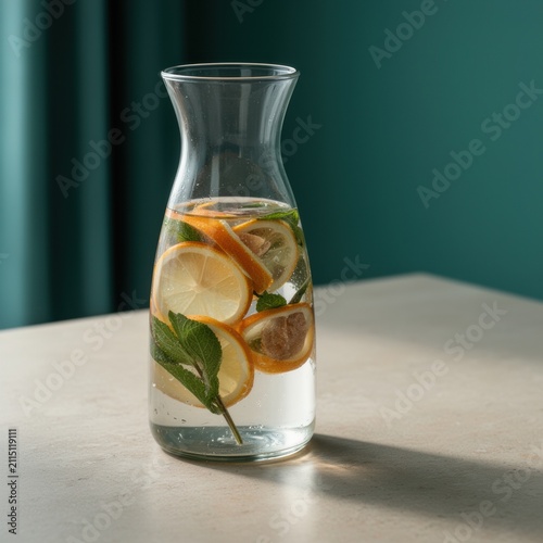 Glass carafe of infused water with citrus slices