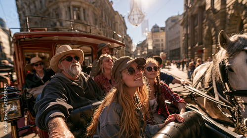 People on a carriage ride for sightseeing in a historic city at sunset, family and friends tourism photography