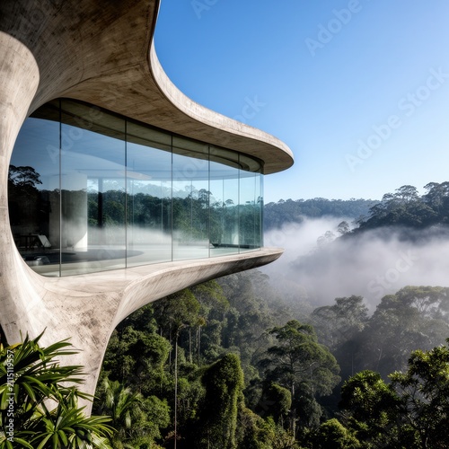 Modern glass house overlooking misty rainforest